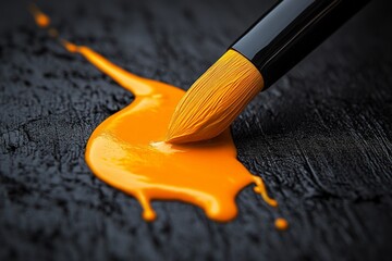 Poster - Bright orange paint flows from a brush on a textured black surface creating an artistic contrast