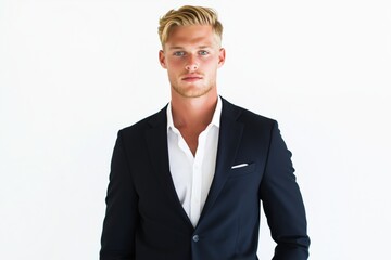 Wall Mural - A man in a suit and white shirt poses for a photo. Concept of professionalism and sophistication, as the man is dressed in a well-tailored suit and a crisp white shirt