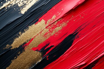 Aufkleber - Abstract artwork featuring bold black, red, and gold colors with textured brush strokes