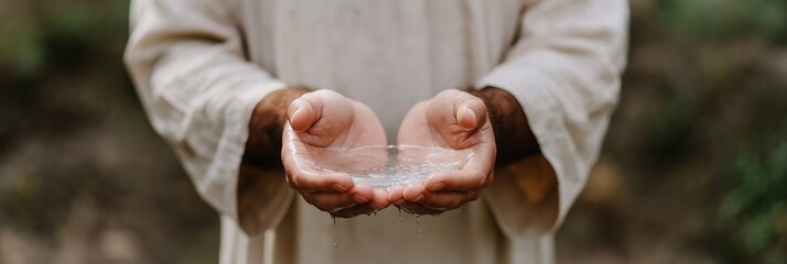 Wall Mural - A man is holding a bowl of water in his hands. The bowl is filled with water and the man is holding it up to his face. The scene is set in a natural environment, with trees and grass in the background