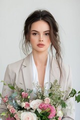 Wall Mural - A woman wearing a white blouse and a tan jacket is holding a bouquet of flowers. The flowers are pink and white, and they are arranged in a vase. The woman's hair is styled in a bun