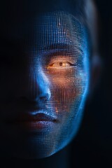 Poster - Futuristic Biometrics Digital Face Grid with AI-Focus for Advanced Identity Verification in Cybersecurity - Tech Interface Enhancing Secure Access Control Systems