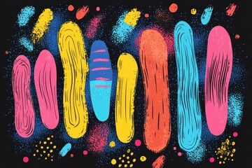Aufkleber - Colorful abstract shapes with vibrant patterns on a black background showcasing artistic creativity and modern design