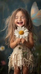 Fototapete - Whimsical little girl with long hair standing on end squinting and laughing with freckles on her face wearing a frayed strap dress and sandals holding a large daisy with a blurred fairy background