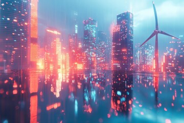 Aufkleber - Vibrant urban landscape illuminated by neon lights during a rainy night with towering skyscrapers and wind turbines