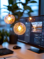Poster - Industrial Chic Workspace Dual Monitor with Wireframe Globe Lights, Sleek Surfaces for Creative Tech Offices and Modern Remote Work Efficiency