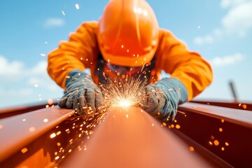 Aufkleber - Dynamic Urban Construction Worker Welding Structural Beams with Sparks in Safety Gear - Promoting Modern Labor Safety Practices and Industrial Advancement