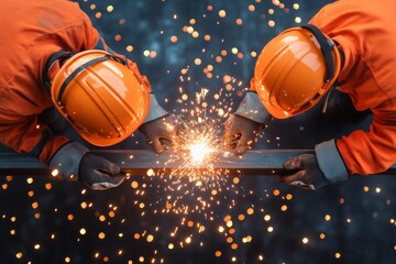 Poster - Dynamic Urban Construction High-Vis Workers Welding Steel Beams, Emphasizing Safety Gear in Modern Skyscraper Building for Industry Innovation and Workforce Protection