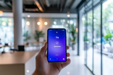 Fototapete - Smart Co-Living Workspace Gig Economy App on Smartphone with Minimalist Industrial Design - Flexible Urban Lifestyle for Young Professionals in Modern Business Innovation Hub