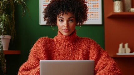 Aufkleber - Contemporary Home Office Vibes Young Black Woman Mastering Time Management with Stylish Laptop Setup - Cutting-Edge Remote Work Efficiency for Modern Business Growth
