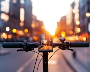 Poster - smart urban commuting e-scooter handlebars with ride-share app at sunrise - sustainable mobility and