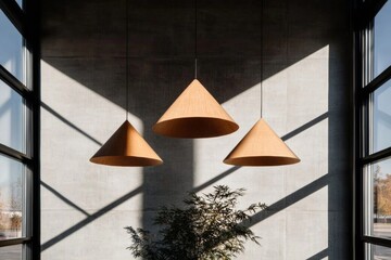 Aufkleber - Minimalist Educational Space Lighting Wooden Pendant Lamps in Natural Light on Concrete Background - Contemporary Design for Modern Learning Environments and Architectural Elegance