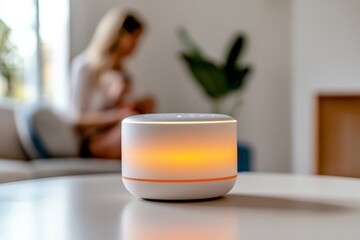 Poster - Minimalist Smart Home Tech Elegant Voice-Assistant Speaker on Sleek Table - Enhancing Family Interactions and Modern Living Spaces with Natural Light and Scandinavian Design