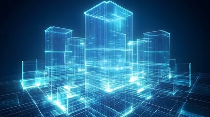 Fototapete - Abstract Digital Cityscape Wireframe glowing Neon City Buildings
