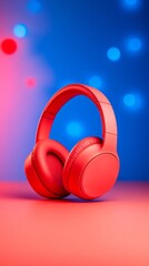 Poster - Vibrant Gaming Headset Display Sleek Red Headphones on Colorful Gradient Background - Youthful Esports Branding and Immersive Entertainment Marketing