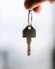 Aufkleber - Minimalist Real Estate Exchange Stylish Metal House Key with Hand on Neutral Background - Modern Property Management and Secure Investment Content