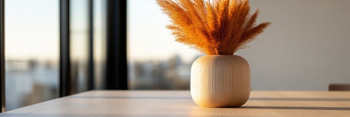 Poster - Minimalist Office Decor Natural Wooden Vase with Dried Pampas Grass by Sunlit Windows - Contemporary Workspace Aesthetics for Corporate Branding and Inspirational Interiors