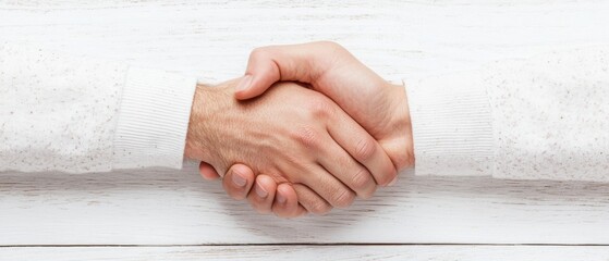 Poster - Minimalist Business Collaboration Diverse Handshake on Textured Wood - Teamwork Imagery for Professional Networking and Brand Unity in Modern Marketing Strategies
