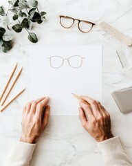 Poster - Minimalist Design Sketch Hands Crafting Modern UX/UI Concepts on Marble with Eco-Friendly Tools - Innovation and Creativity in Tech Visualization for Enhanced User Experience