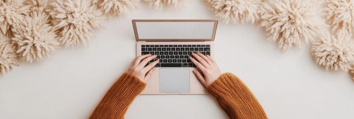 Poster - Scandinavian Minimalist Productivity Woman Typing on Sleek Laptop with Wool Texture in Cozy Workspace - Remote Work Design and Modern Tech Innovation for Business Efficiency