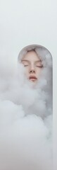Poster - Ethereal Minimalist Portrait Mist-Enveloped Sculpture in Arched Display Innovative Art Decor for Contemporary Spaces and Imaginative Design Inspiration
