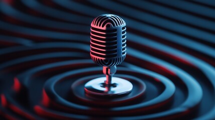 Poster - Vintage Microphone Spotlight Glossy Metal Texture in Red and Blue for Modern Podcast Studios Captivating Digital Marketing and Audio Branding