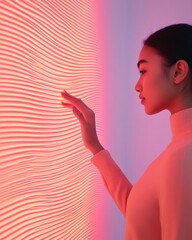 Poster - Digital Harmony Glow Indian Woman Engages with Touch-Sensitive Textured Wall in Immersive Exhibit - Interactive Tech Innovation and Experiential Marketing for Modern Museums