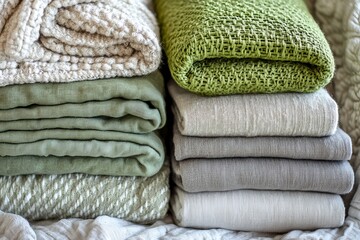 Aufkleber - Beautifully arranged stacked blankets and linens in soft shades at a cozy home setting