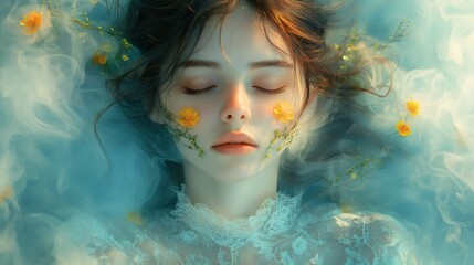 Poster - Aesthetic digital painting of paleskinned woman with brown hair eyes closed her face adorned with yellow flowers and green vines in a vintage lace dress surrounded by heavy smoke and pastel blue mist