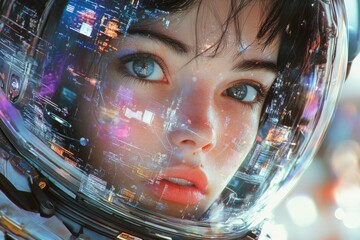 Aufkleber - Astronaut gazes at a futuristic cityscape through a high-tech helmet in a vibrant cosmic setting