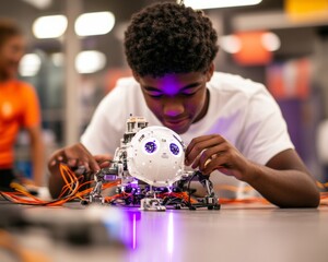 Leinwandbilder - Futuristic STEM Workshop Diverse Teens with Autonomous Wheel Robot in High-Tech Maker Space - Creative Education and Commercial Innovation Showcase