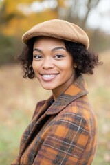 Wall Mural - A woman wearing a brown hat and a plaid jacket is smiling. She is wearing a hat and a jacket that has a plaid pattern