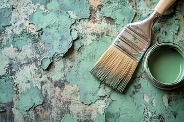 Aufkleber - Soft green paintbrush and can resting on a textured, chipping surface ready for creative projects in a relaxed workspace