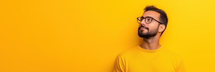 Wall Mural - A man in a yellow shirt is looking at the camera. The image has a bright and cheerful mood, with the yellow background and the man's bright clothing