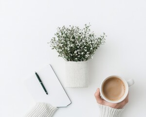Poster - Minimalist Micro-Learning Setup Cozy White Notebook and Pen with Coffee on Desk - Boosting Business Innovation and Skill Development in Modern Workspaces