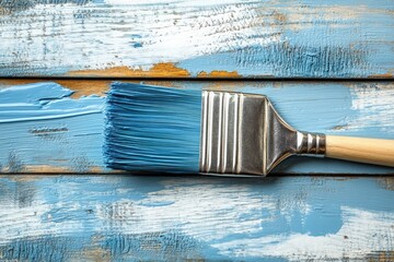 Aufkleber - Brush with light blue paint on weathered wooden surface during creative DIY project at home