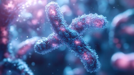 Fototapete - 8k closeup image through a microscope of cells dividing illuminated by bright white light showcasing the distinct blue male and pink female chromosomes in intricate detail