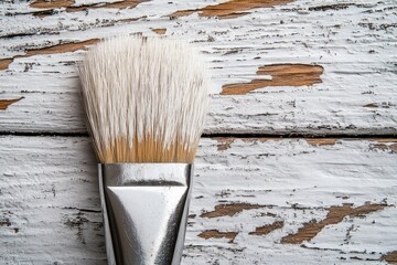 Poster - Brush with soft bristles resting on weathered wood surface in a well-lit workspace during daylight hours