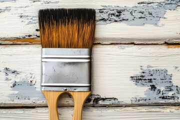 Poster - Brush with bristles resting on aged wooden surface, showcasing rustic texture and wear from years of use in creative projects