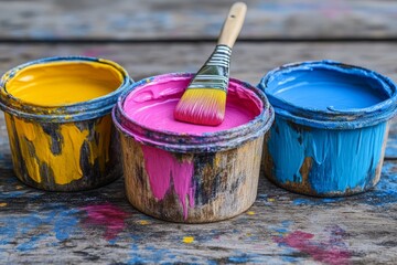 Aufkleber - Vibrant paint containers with a brush resting on pink paint on a wooden surface