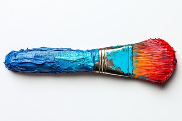 Poster - Colorful paintbrush covered in vibrant blue and red paint resting on a white surface