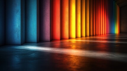 Wall Mural - Colorful corridor, vibrant lights, concrete floor, rainbow backdrop, modern design