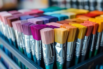 Aufkleber - Colorful paintbrushes arranged neatly in a craft store showcasing a variety of vibrant hues