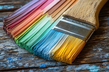 Poster - Colorful paintbrush resting on weathered wooden surface displaying vibrant hues from green to yellow