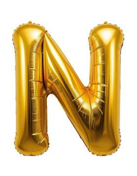 Alphabet Capital Letter N Golden Balloon Isolated on Transparent Background For Birthday Party, Anniversary, or Event Celebration Design.