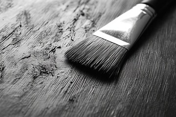 Poster - Brush applying paint onto a textured surface in a monochrome art setting during creative work hours