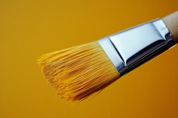 Poster - Bright yellow brush with long bristles ready for creative painting on vibrant background
