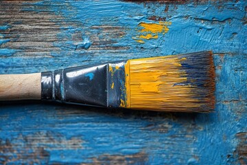 Poster - Paintbrush resting on vibrant blue wooden surface after creative project in an artist's workshop