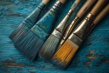 Old paintbrushes arranged on a textured turquoise background highlight creative restoration work