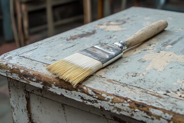 Poster - Creative painting process captured in a workshop with worn-out surfaces and brushes